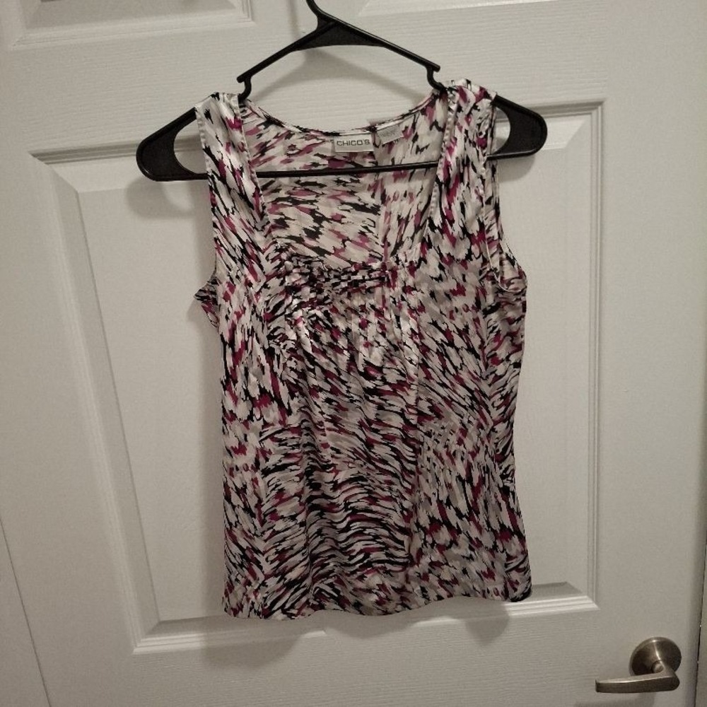 3/$15 CHICO'S Small Purple Print Abstract Gathered Neckline Sleeveless Top